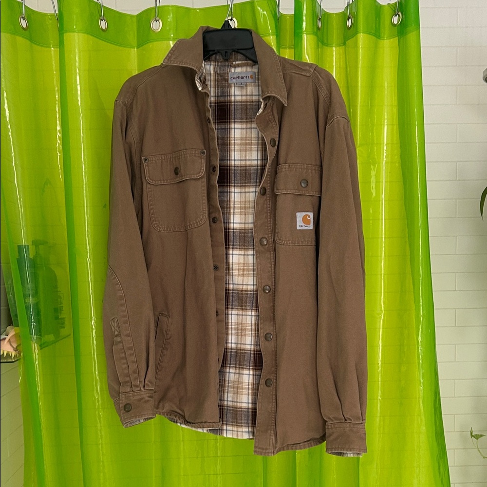 Carhartt Brown Lightweight Work Shirt Jacket with Plaid Lining
